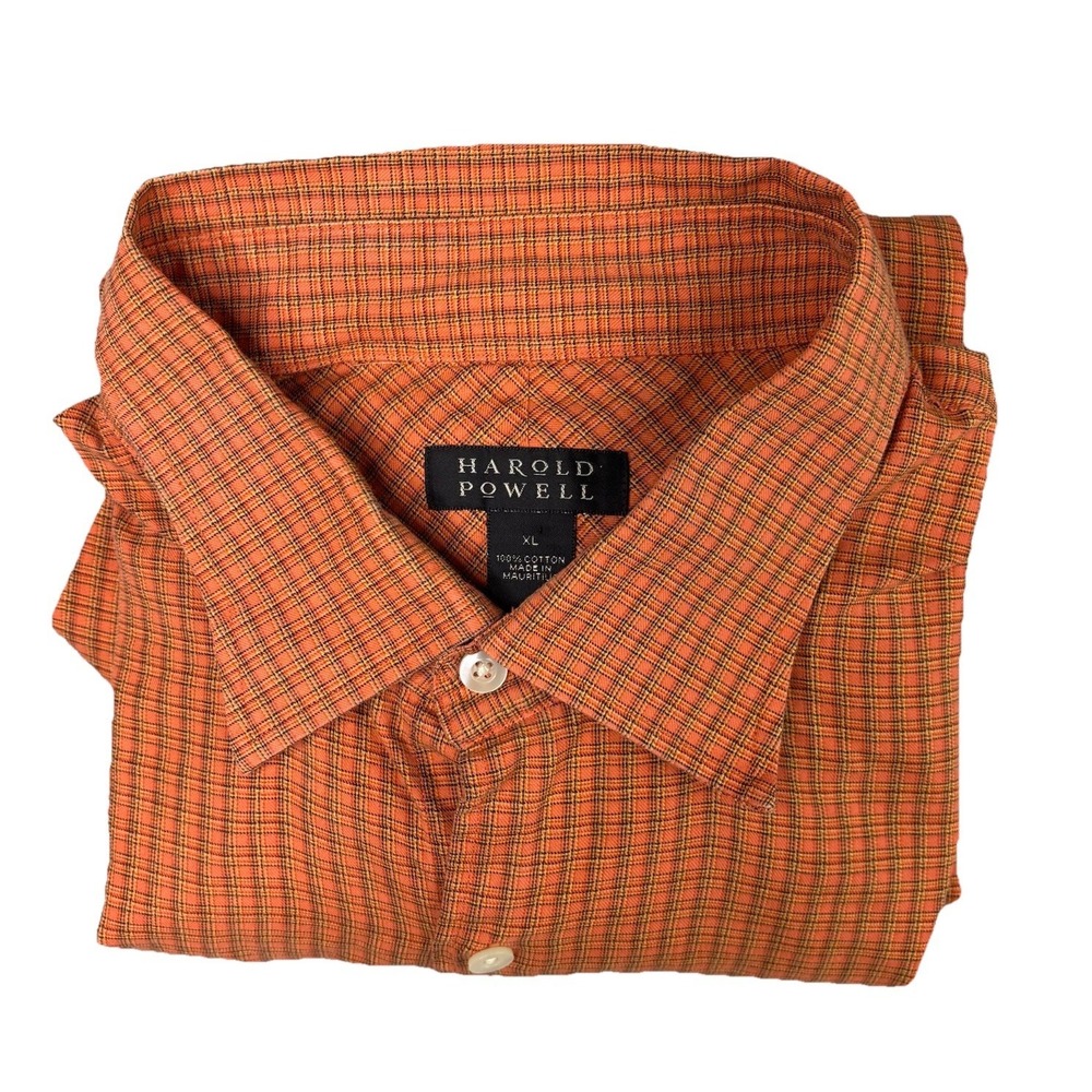 Harold Powell Mens XL Button‎ Down Shirt Long Sleeve Orange Check